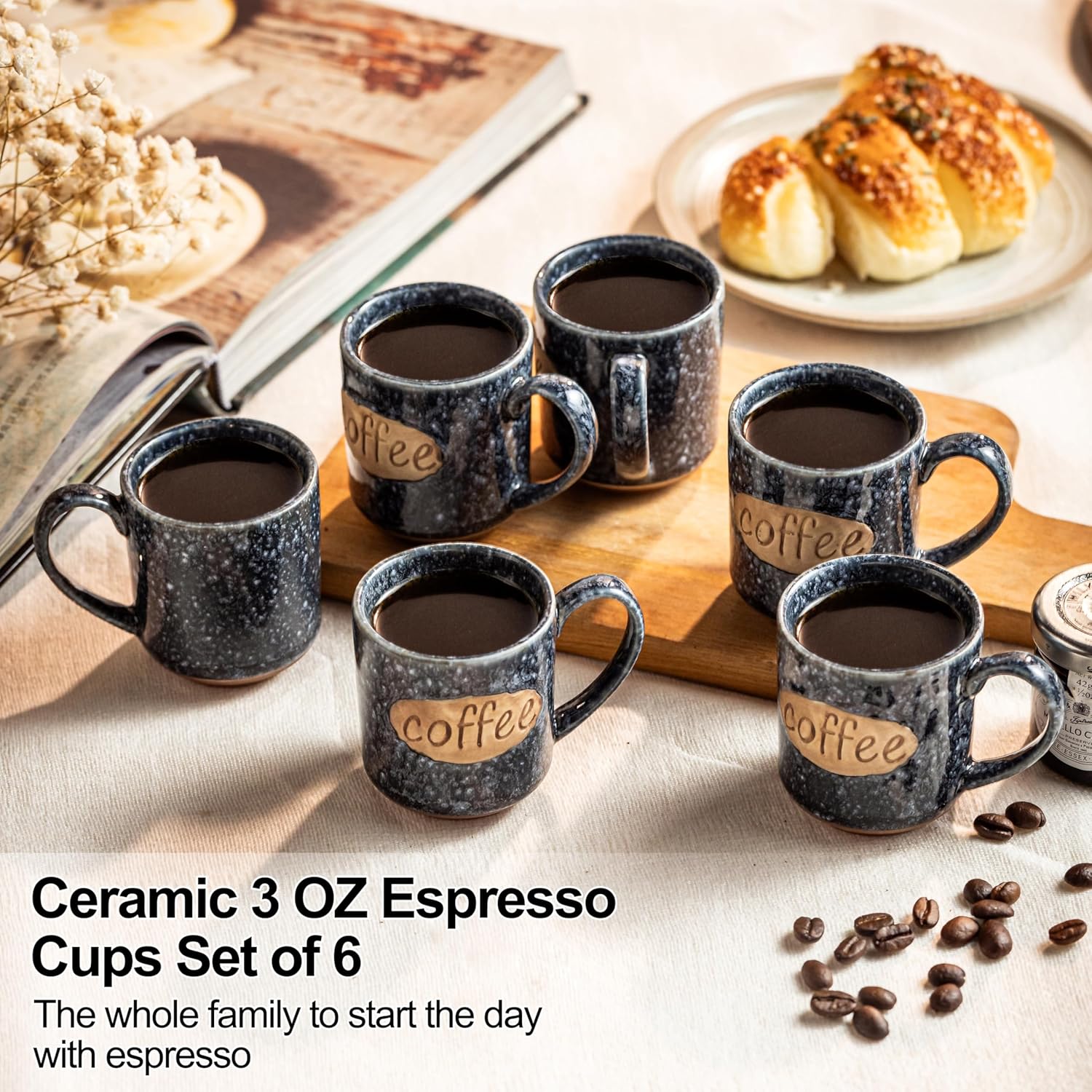 LYEOBOH Espresso Cups, Coffee Cups, Tea Cup, Coffee Cups Ceramic Set of 6 and Stackable Coffee Mugs, Coffee Cups, Mug Set of 4 with Spoons