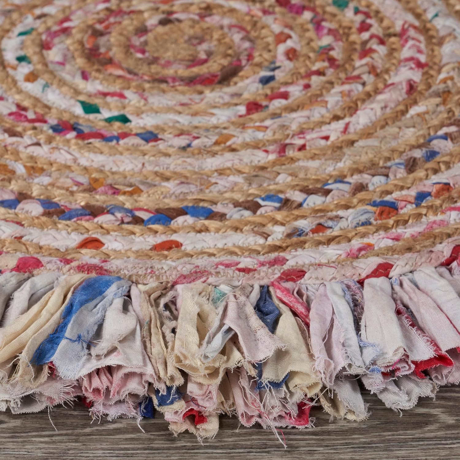 LR Home Natural Jute and Cotton Blend 6ft Round Area Rug for Home Decor | Braided Rugs for Living Room, Bedroom, Playroom | Bohemian Farmhouse Indoor Carpet for Room Decor | White/Multicolor