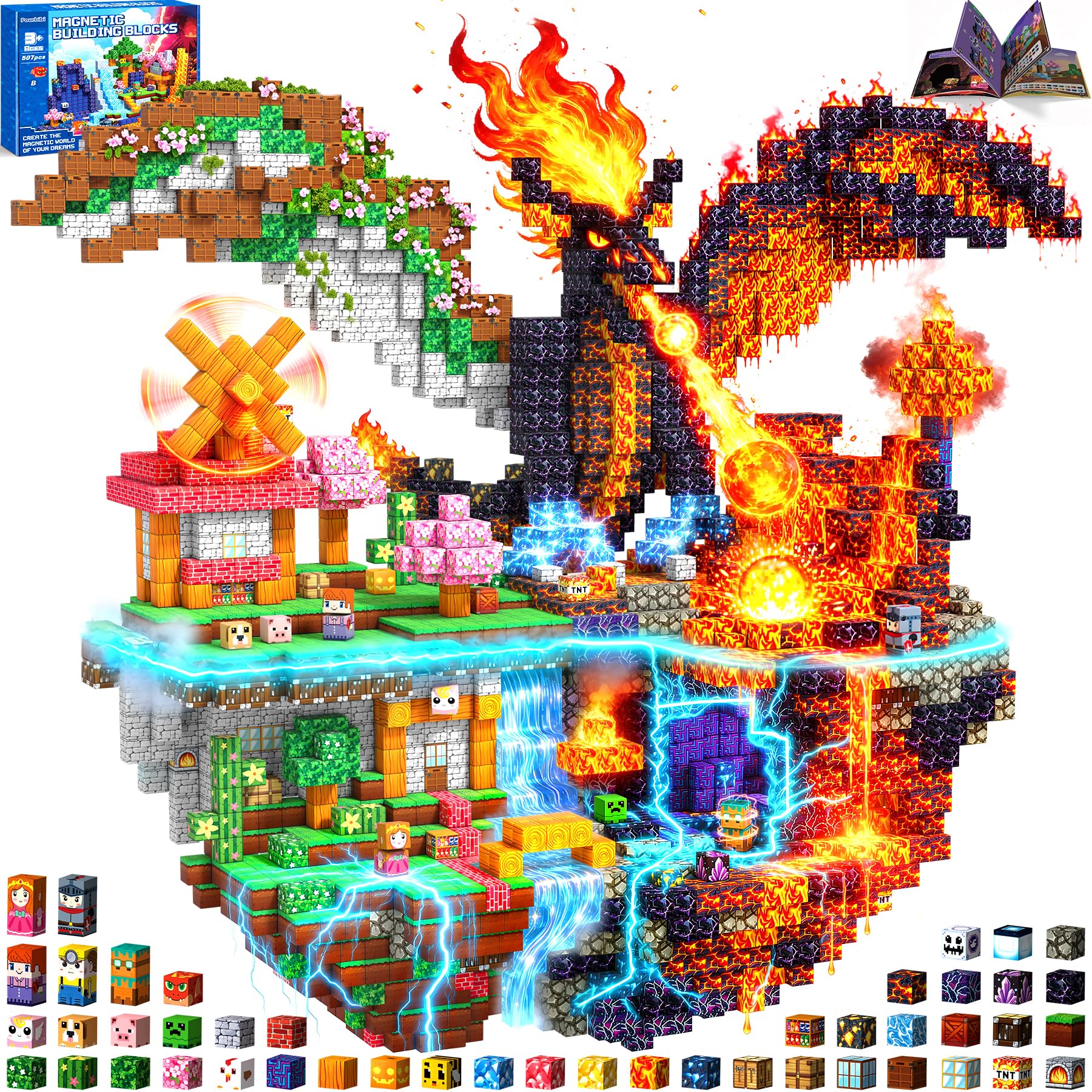 Pourbibi Magnetische Bausteine - 150 Teile Magnetbausteine Magnetspielzeug,Ostern Geschenke Kinder, Magnetische Bauwelt Spielzeug Magnetblöcke für Kinder ab 3 4 5 6 7 8 9 10 Jahre Verstaubare