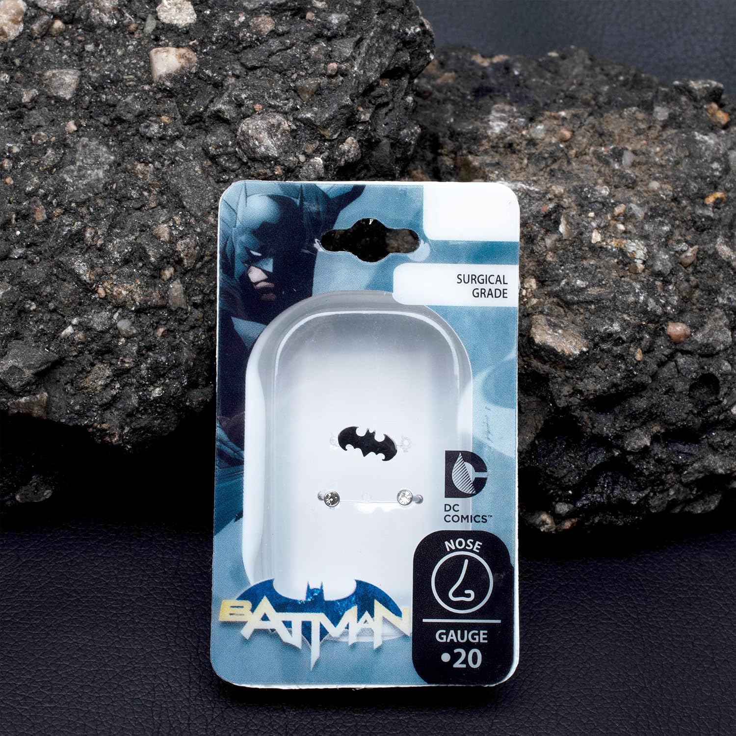 Officially Licensed DC Comics Unisex Batman Logo and Cleaz CZ Nose Bone Body Piercing Jewelry-20 gauge (3 piece set), Silver/Black, One Size