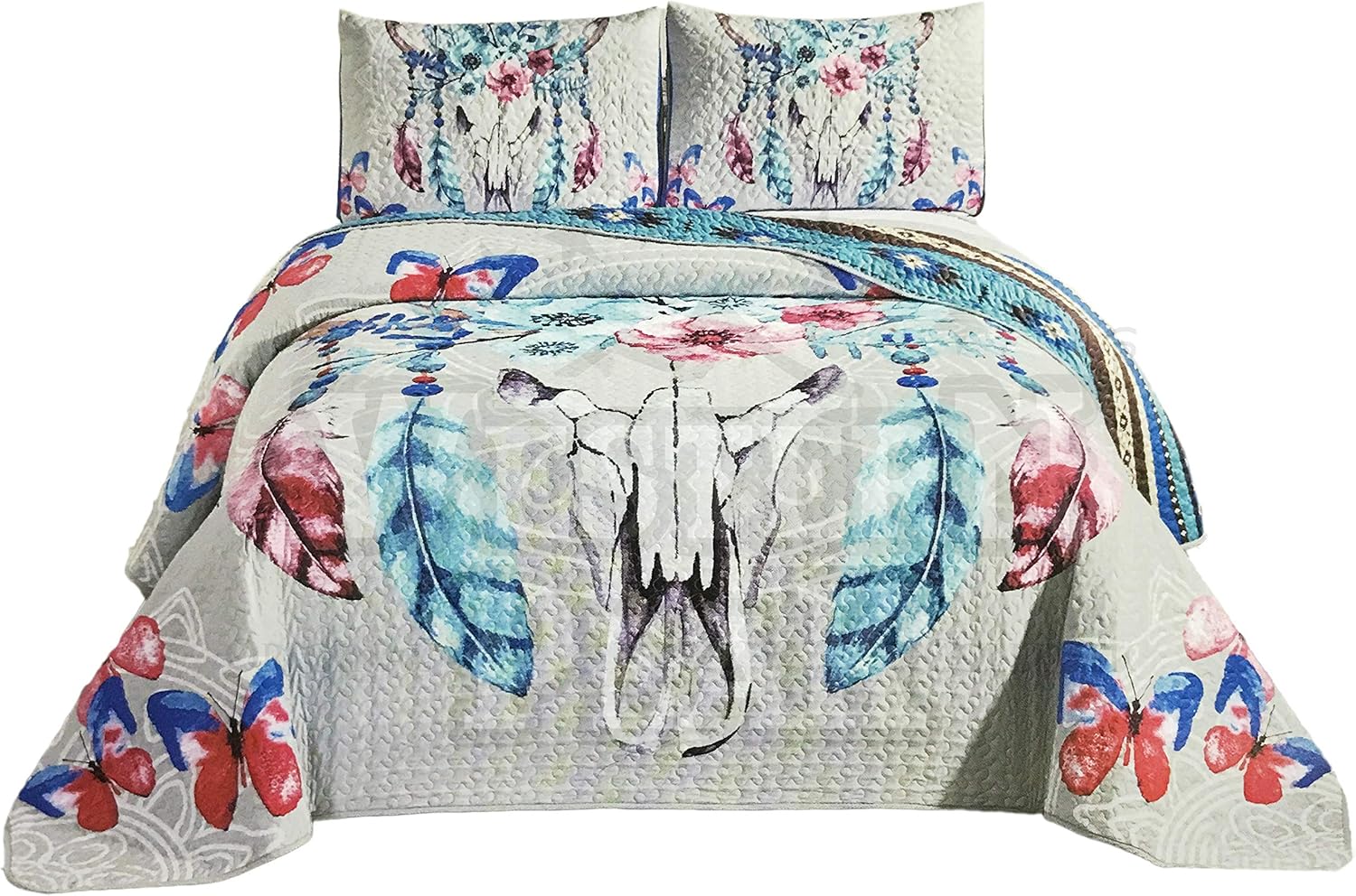 Western Peak Bull Skull Native Tribal Feather Artisan Southwestern Boho Design Quilt Bedding Set with Pillows (3 Piece Set, Queen)
