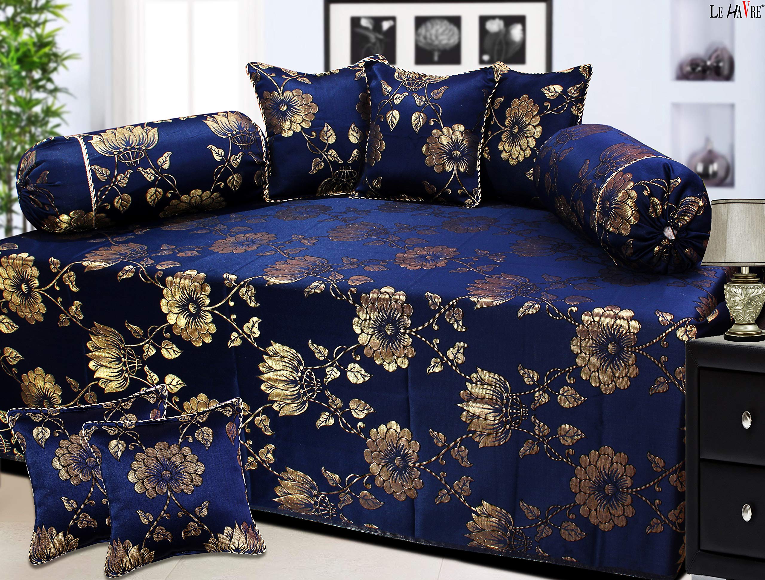 LE HAVRE Premium Silk and Polycotton Shiny Goldish Colored Technology Made Single Bed Diwan Cover- Set of 8pcs with Bedsheet, 2 Bolster Cover, 5 Cushion Cover (Navy Gold)-image-3
