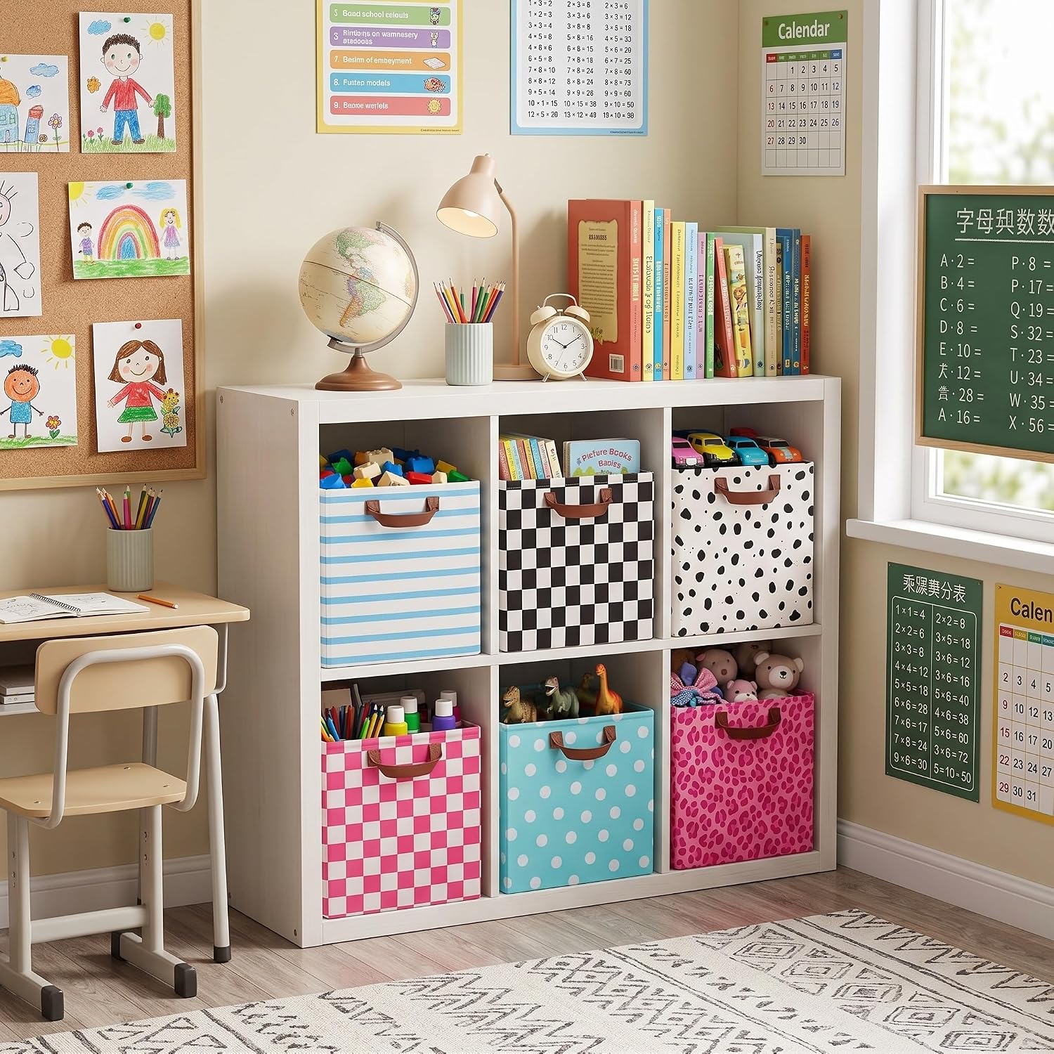 6 Pack 11 Inch Cube Storage Bins Canvas Foldable Storage Cubes with Sturdy Leather Handles Multi Colored Baskets for Closet Toys Clothes Room Decor(Assorted Printed)