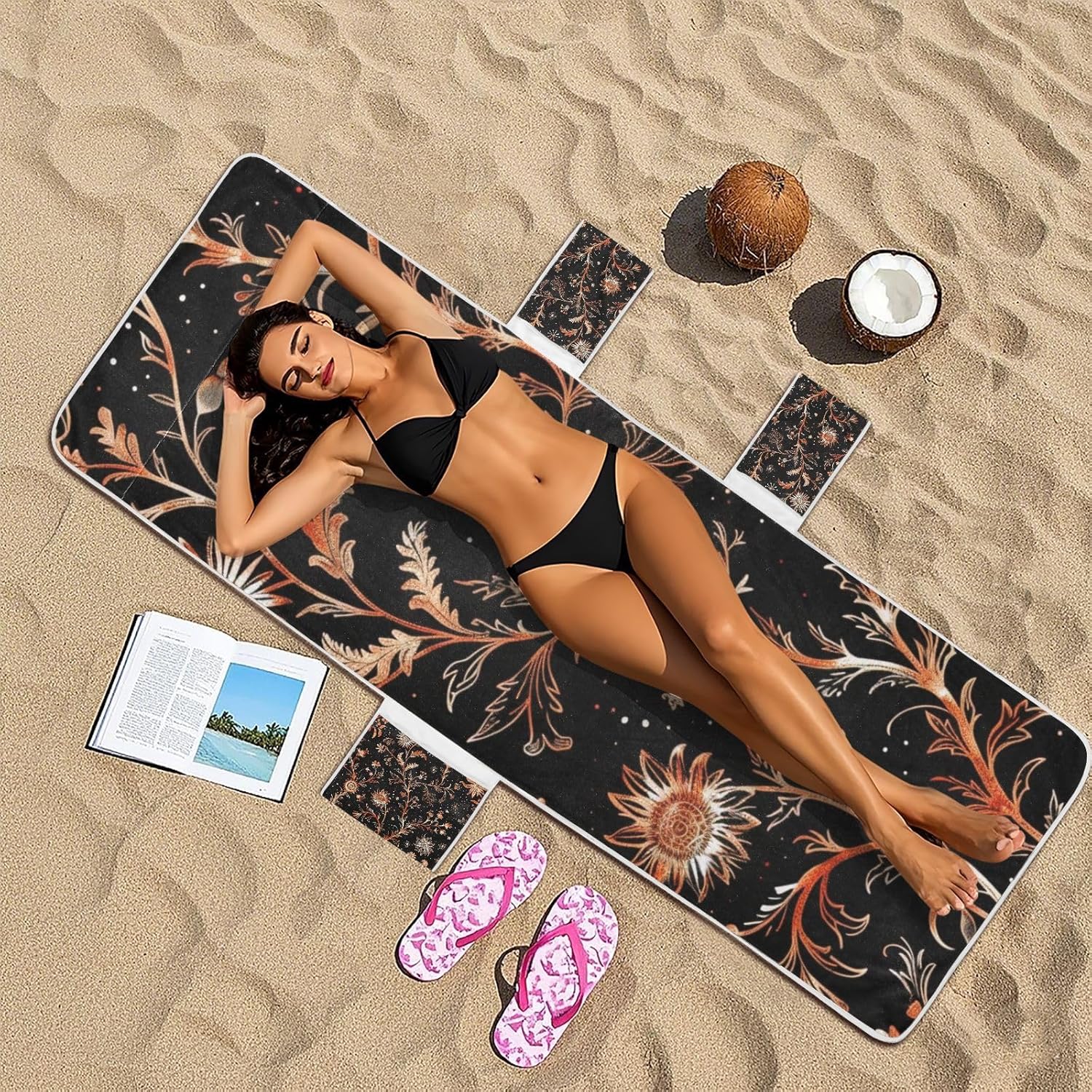 Vintage Rose Gold Floral Pattern on A Black Background Patio Chaise Lounge Chair Cover Microfiber Soft Outdoor Chair Covers with Windproof Straps for Pool Sunbathing Beach Garden, 85" X 30"