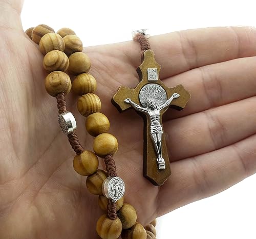 Miniatura 3 de Nazareth Store Collar de rosario de cuentas de madera medalla de San Benito y cruz católica oración religiosa hecha a mano bolsa de terciopelo Madera