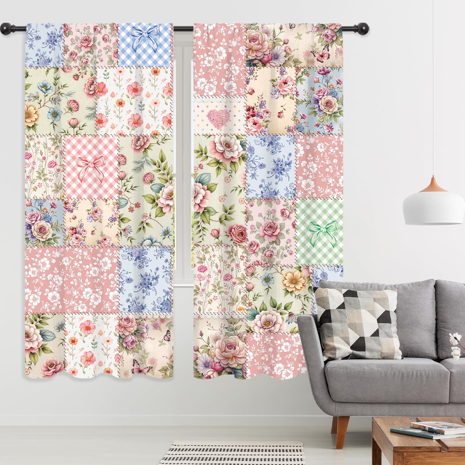 Riyidecor Boho Pink Floral Curtains Shabby Chic Patchwork Vintage Flowers Cute Bohemian Plants Retro Farmhouse Rod Pocket for Women Female Bedroom Living Room Treatment Fabric 2 Panels 42Wx63H Inch