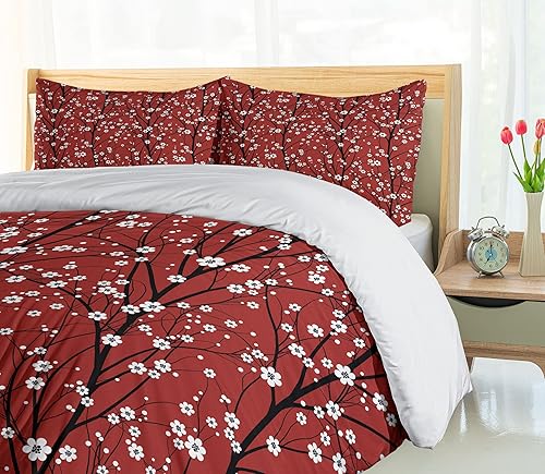 Miniatura 4 de Lunarable Juego de funda de edredón floral, flores de cerezo, ramas de árbol de cerezo, belleza japonesa, tradicional, pétalos orientales, juego de