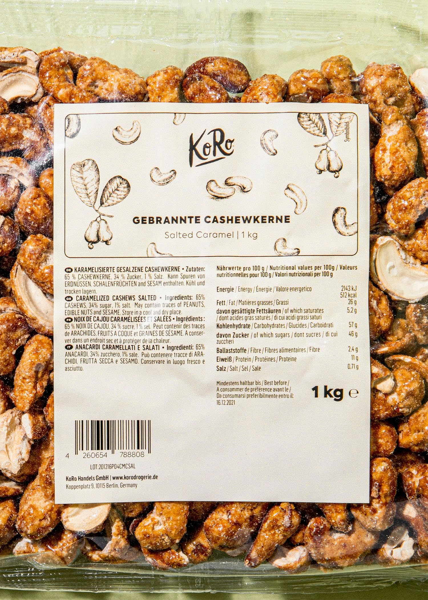 KoRo - Gebrannte Cashewkerne Salted Caramel 1 kg - Zarte ganze Cashews - Feiner Salz-Karamell Geschmack - Praktische Vorteilspackung