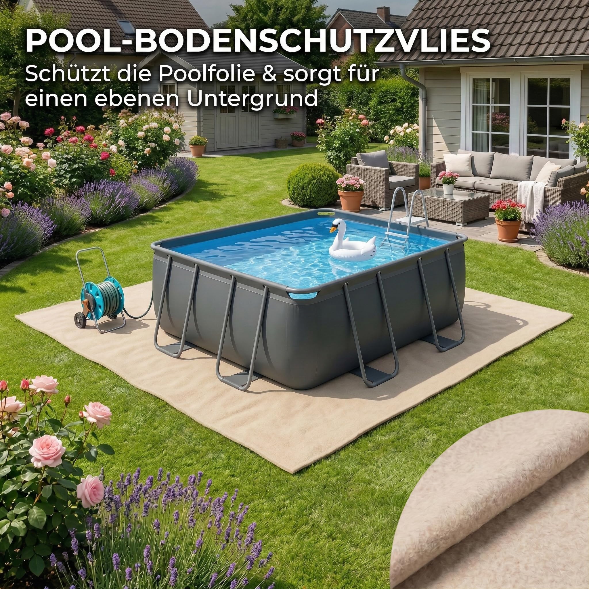 poolomio® Tapis de Sol pour Piscine extérieure, avec revêtement antibactérien pour protéger Le Liner de la Piscine, Non-tissé comme Tapis de Sol, rectangulaire, 370 x 370 cm