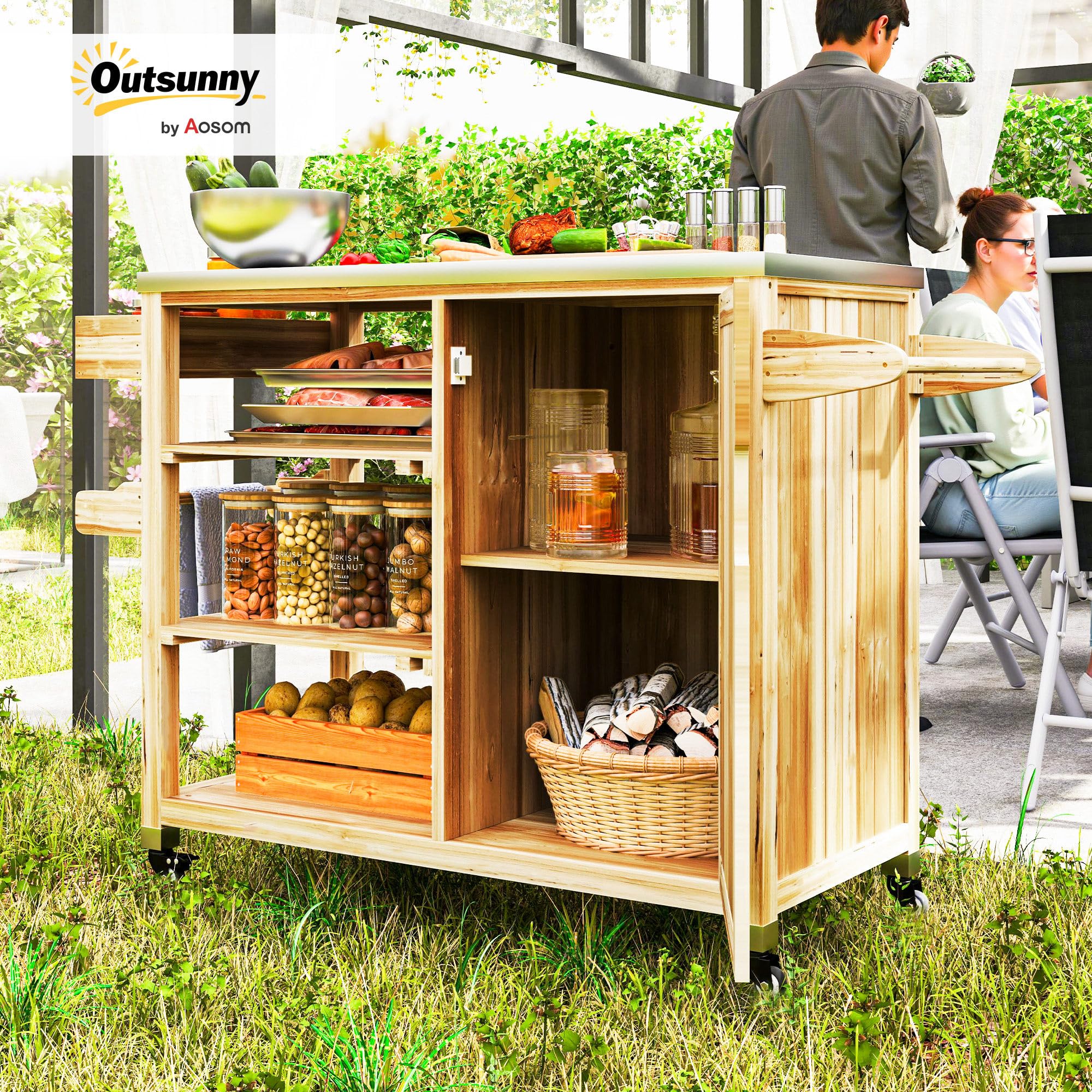 Outsunny Carrito de Parrilla Carrito de Barbacoa con 4 Ruedas Carro de Servicio de Madera Encimera de Acero Inoxidable Toallero y Especiero Estantes Armario para Patio Jardín 134,5x50x91,5 cm Natural