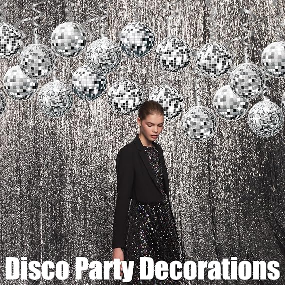 48 Pcs Hanging Swirl Decor, 70s Disco Ball Hanging Swirls, Disco Party Hanging Streamer, Disco Ball Decorations, Silver Ceiling Decor for Retro Disco Fever Party Birthday Party Favors Supplies