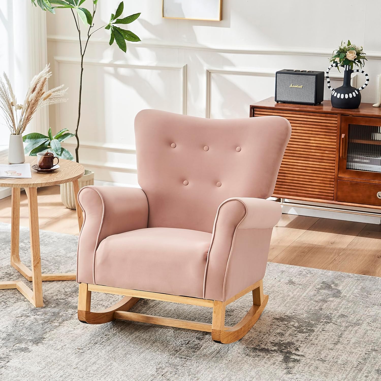 Baby Room High Back Rocking Chair Nursery Chair, Comfortable Rocker Fabric Padded Seat,Modern High Back Armchair