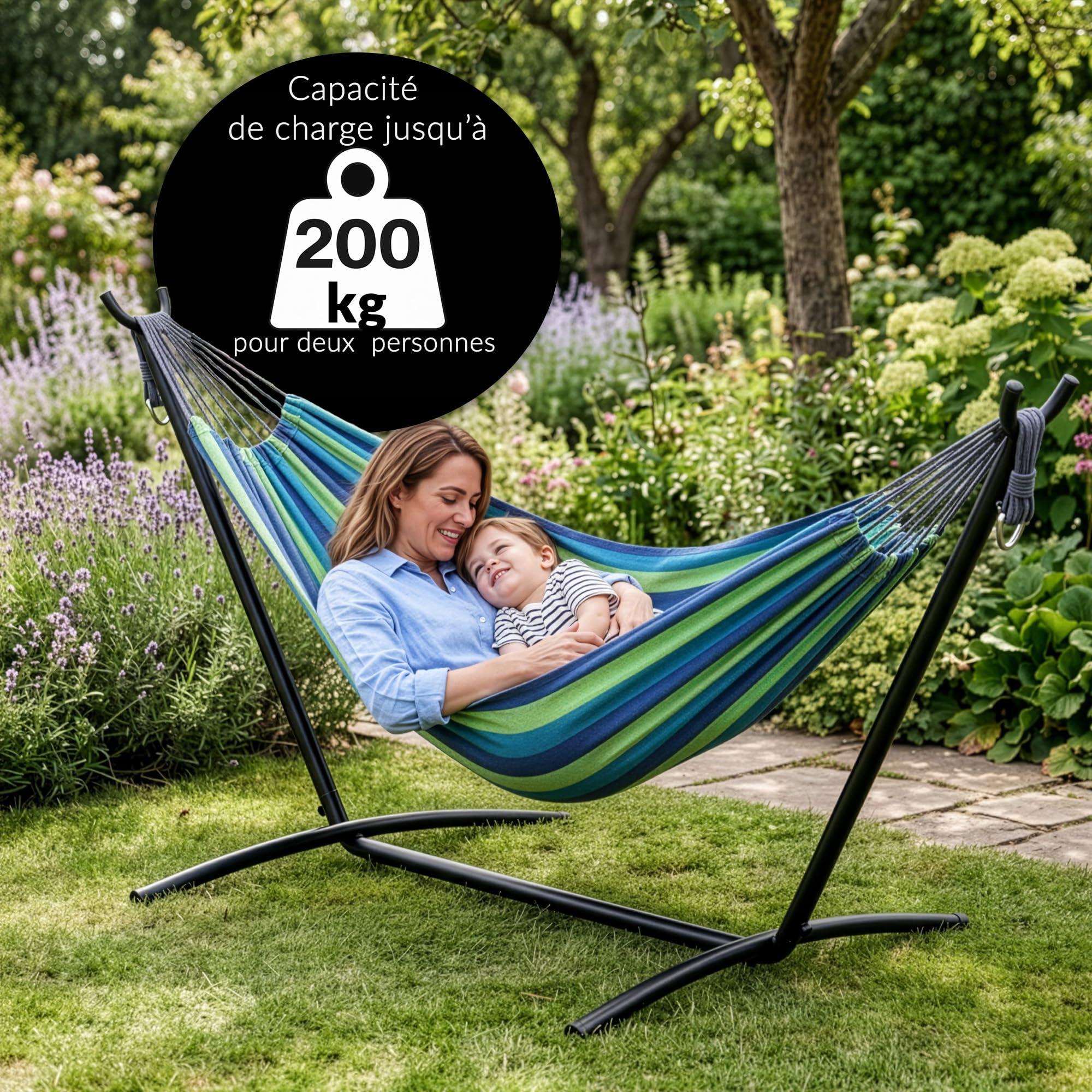 LEHMANN Hamac avec Support en Acier, Capacité de Charge 200 kg, pour 2 Personnes, Pliable et Transportable avec Sac de Transport, idéal pour Camping, Jardin et Balcon