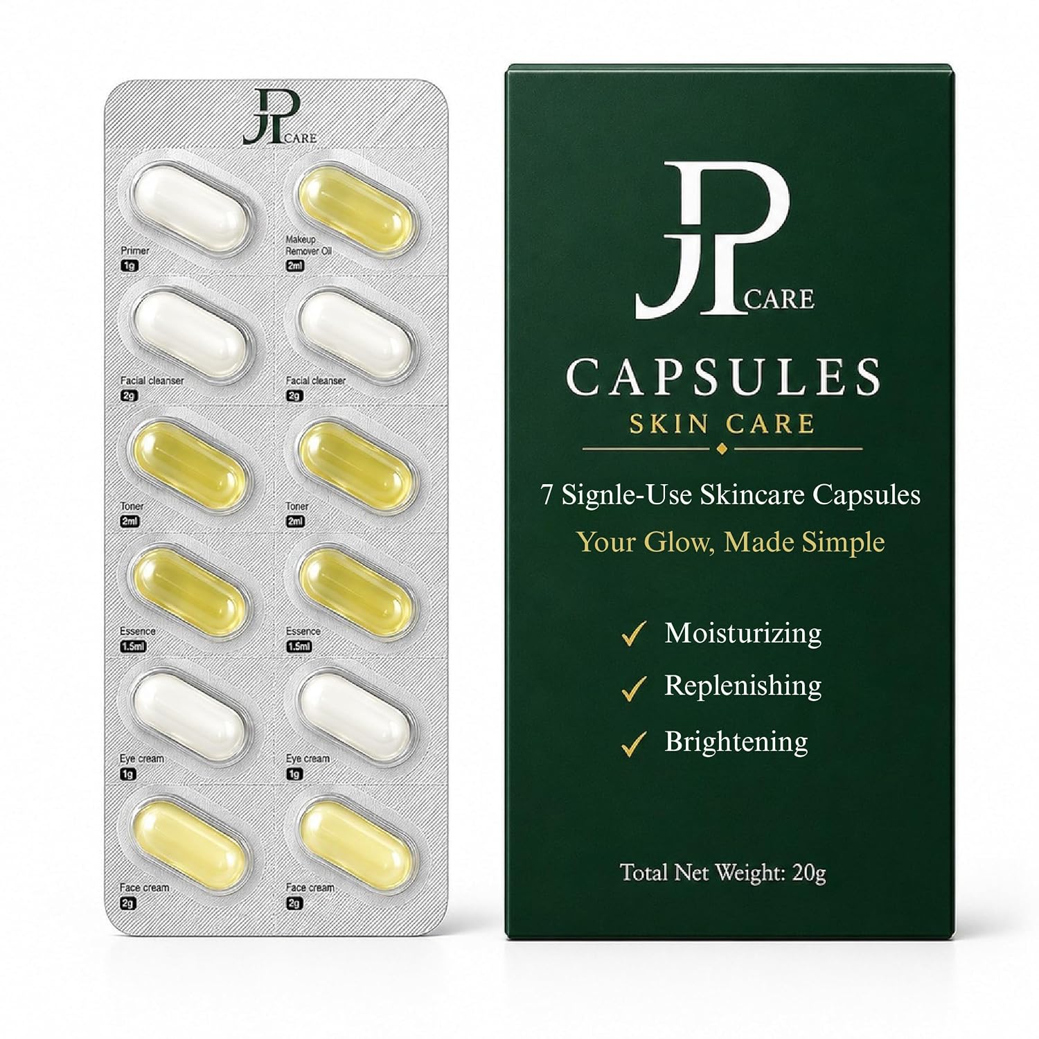 Travel Skincare Capsules Set, 7-Step Single-Use Kit, 20g
