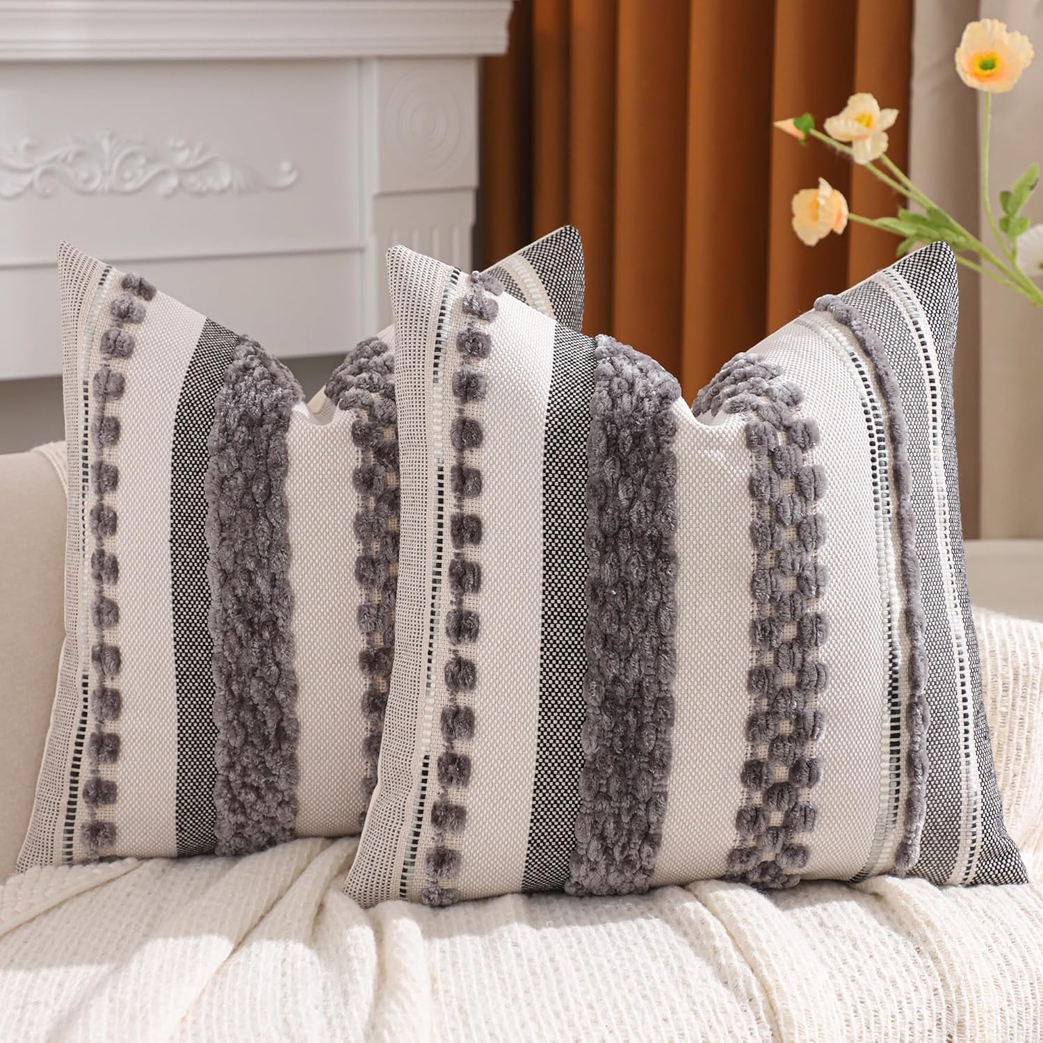 Tosleo Gray Stripe Throw Pillow Covers 18x18 Set of 2 Boho Tufted Decorative Pillow Cases Accent Chenille Pillowcases Farmhouse Cushion Case Bohemian Nuetral Textured Pillow Cover