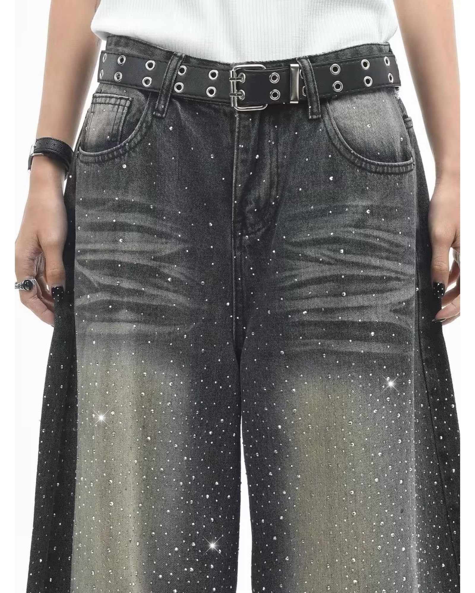 Glitzernde Jeans für Damen und Mädchen, weite Beine, Glitzer-Denim-Hose, Strass, lässige Szene