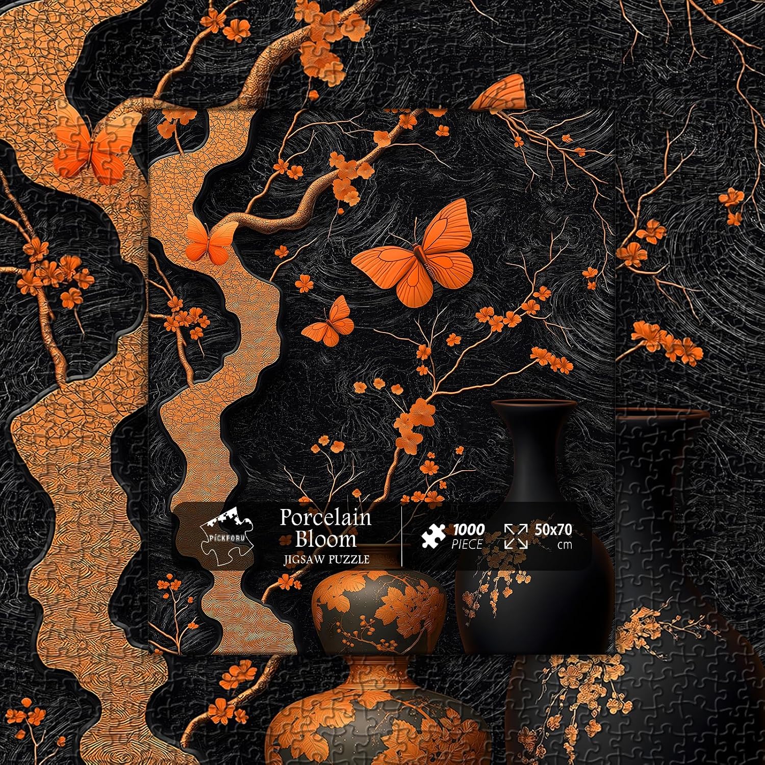Flower Puzzle for Adults 1000 Pieces, Elegant Black Orange Floral Butterfly Puzzle Art，Vintage Plant Vase Challenge Jigsaw Puzzle Aesthetics