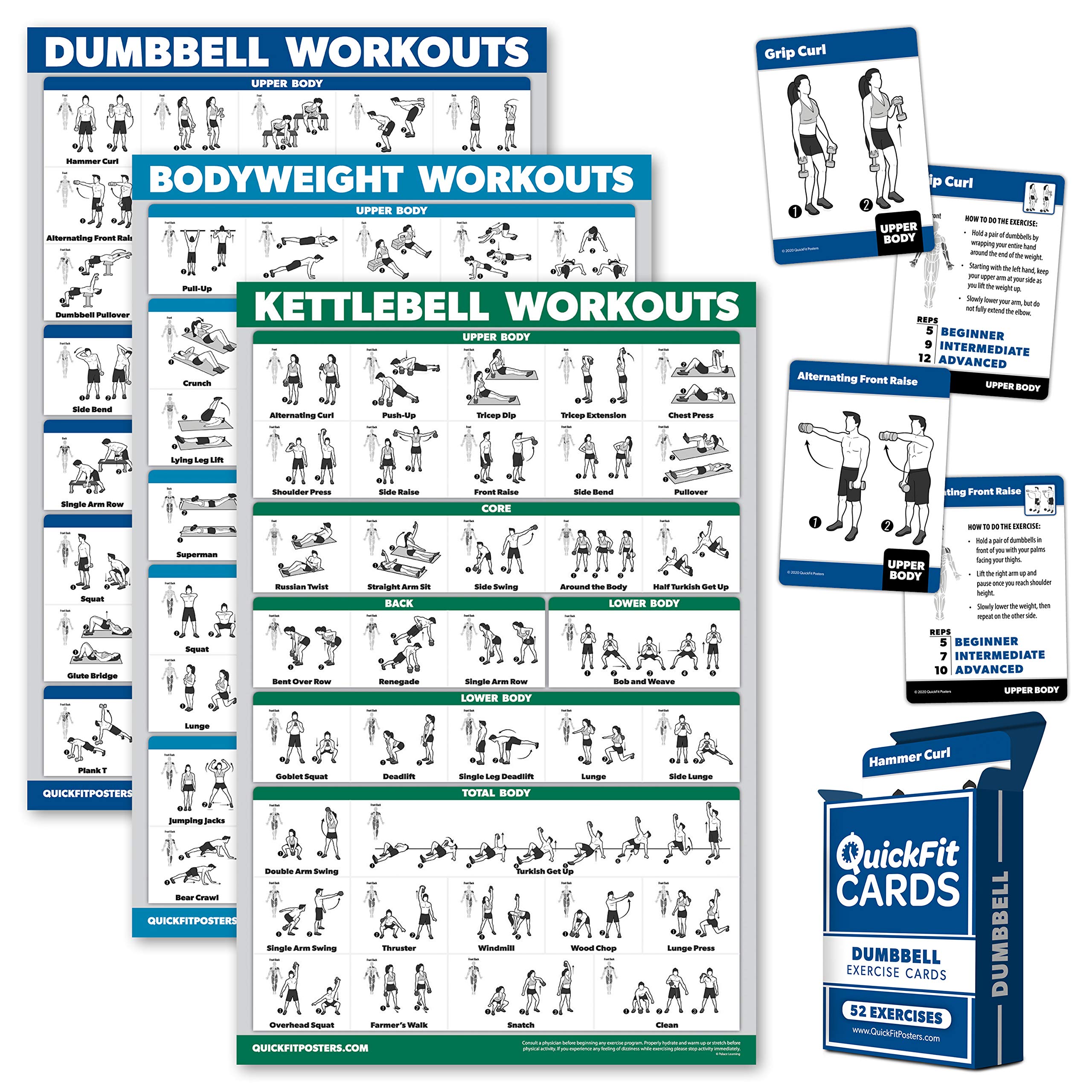 4er-Pack: Hantel- und Körpergewicht- und Kugelhantel-Workout-Poster-Set + Hantelübungs-Spielkarten