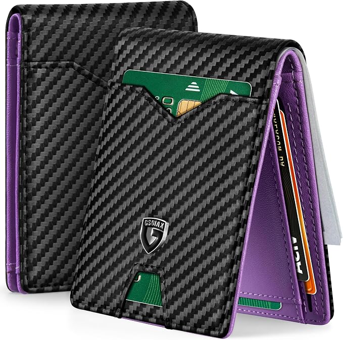 Cartera fina GSOIAX para hombres con bloqueo RFID de cuero plegable con bolsillo frontal, portatarjetas de fibra de carbono con caja de regalo, Slim