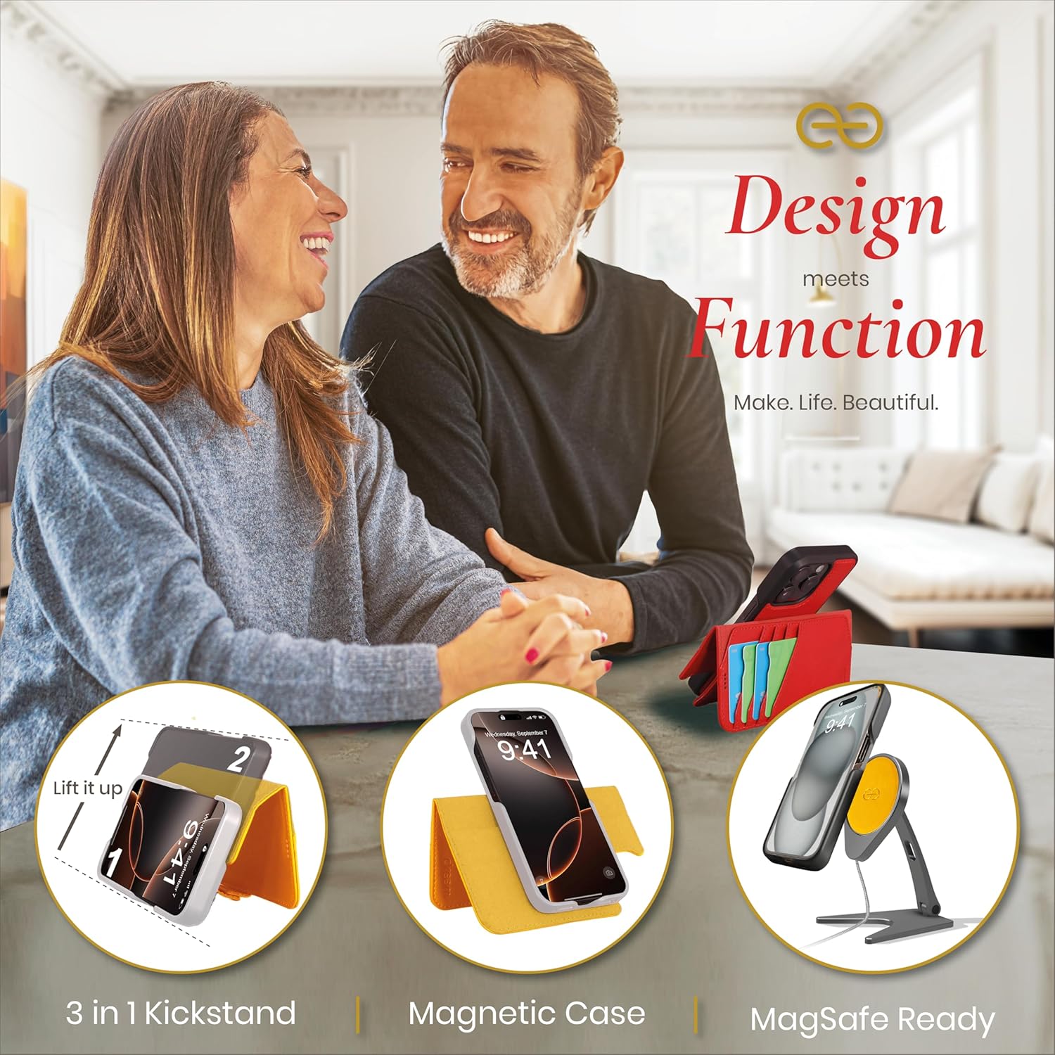 Dreem Wallet Case for iPhone 15 Pro, Revolutionary Vert/Hor Phone Stand, Magnetic Detachable Vegan Leather Flip Cover RFID Blocking Card Holder, MagSafe-Fit, Gift Box [Fibonacci: Yellow]