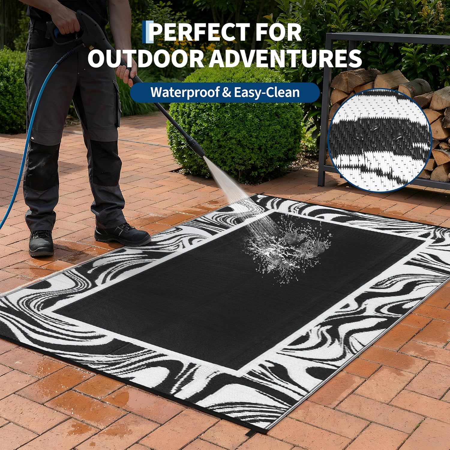 Garvee Outdoor Rug 5x8 Modern Bordered Patio Rug Foldable Plastic Straw Rugs Waterproof Abstract Reversible Large Outdoor Carpet for Patio, RV, Deck, Balcony, Backyard, Picnic, Beach, Clover,Black