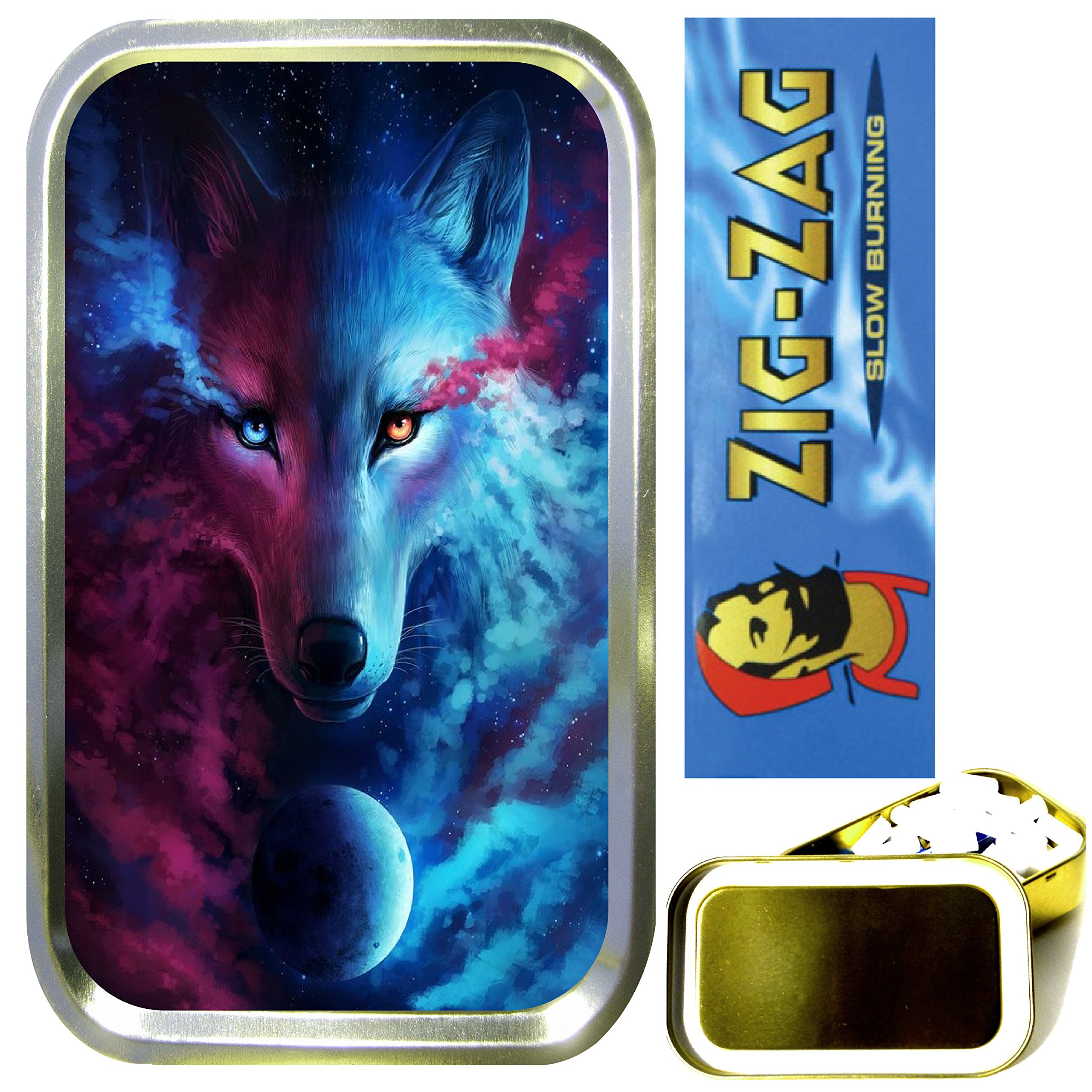 Teez Gold - Mystic Wolf Smoking Set, 1Oz Tobacco Tin,Cigarette Papers,Cigarette Filters,Cigarette Tips