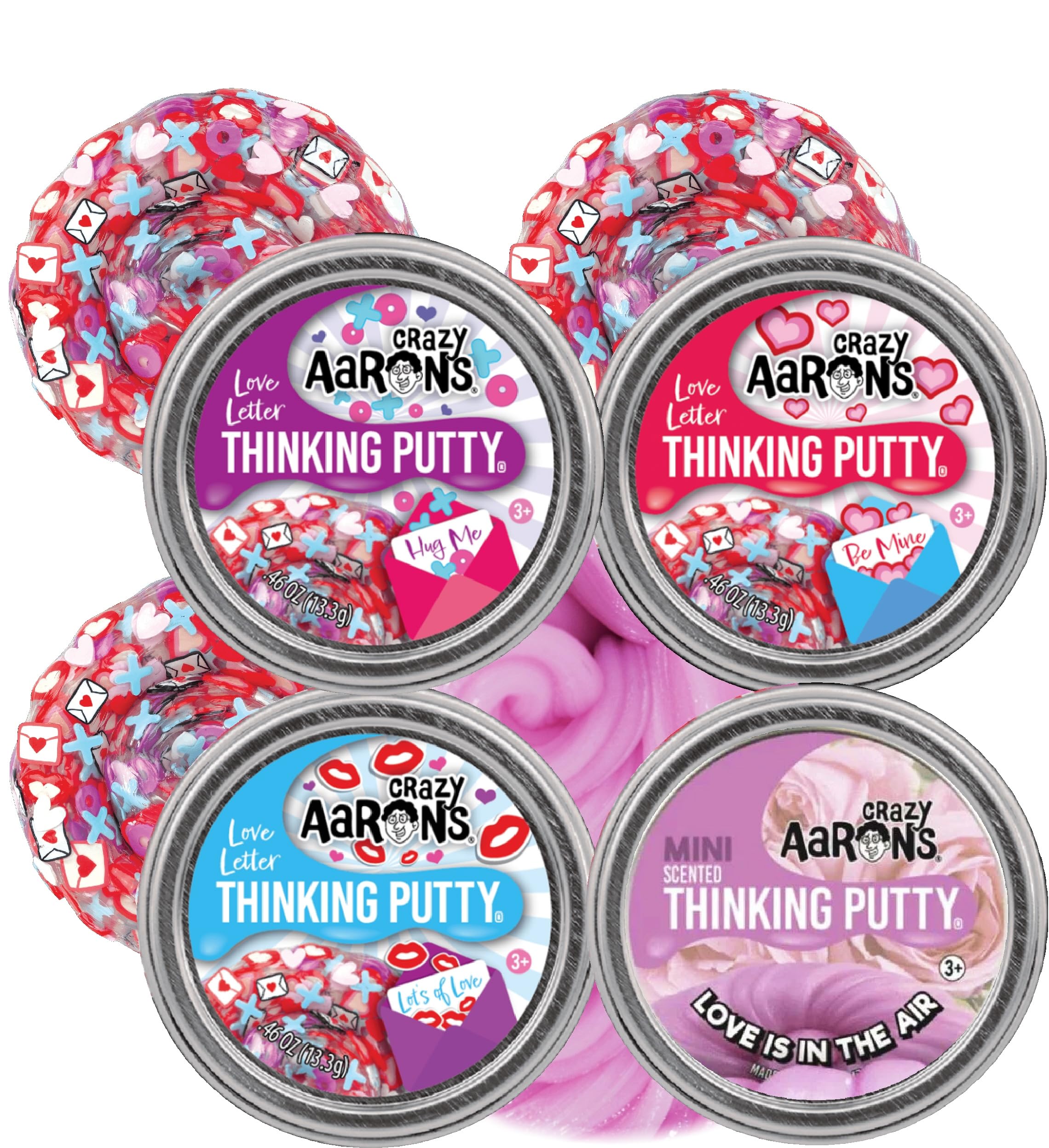 Crazy Aaron's Putty Mini Tins Love Letter Lots of Love (Kisses), Be Mine (Hearts), Hug Me (XOX) and Love is in The Air (Scented) Gift Set Bundle - 4 Pack (13.3g Each)
