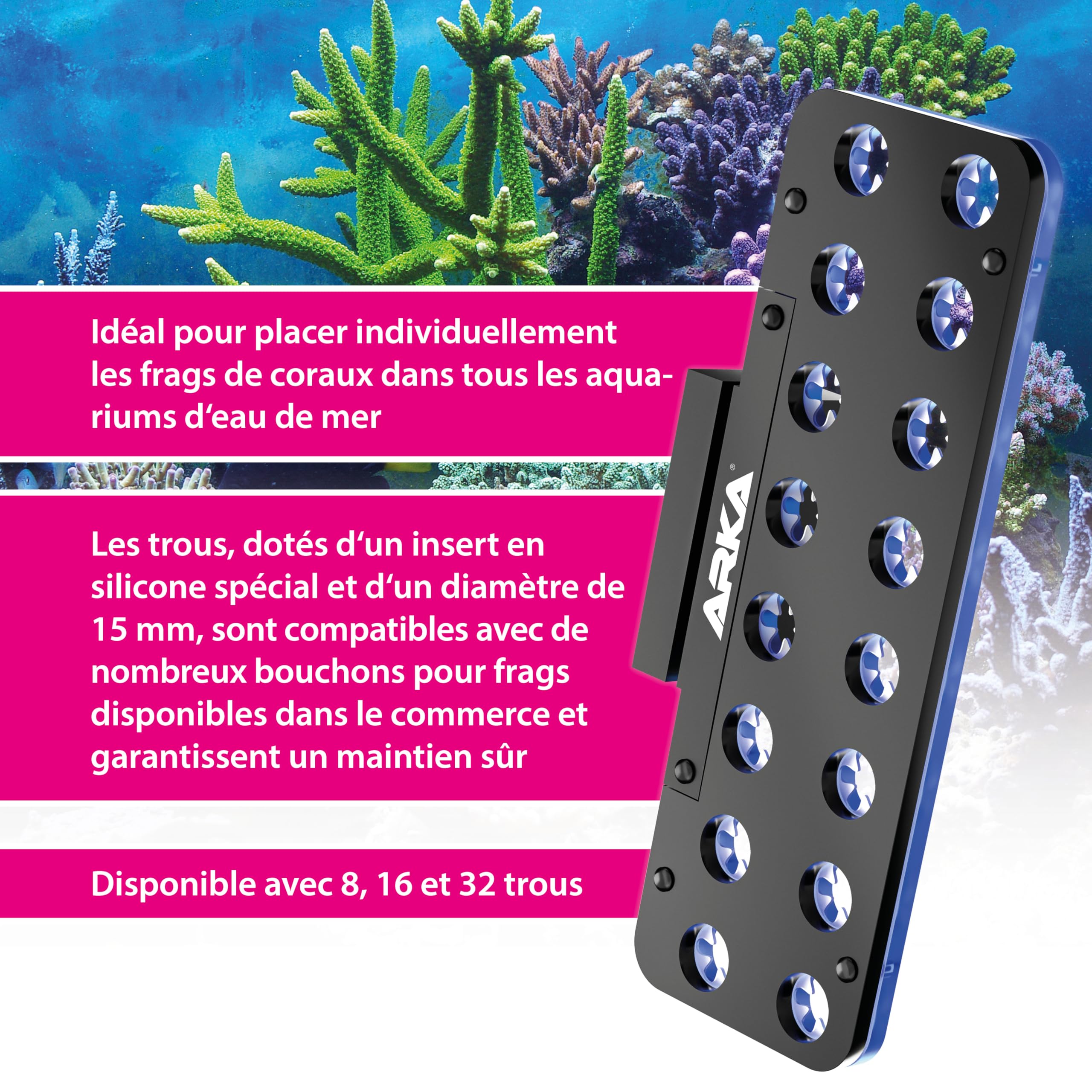 ARKA Support pour Boutures de Coraux 16 Trous - myReef Frag Rack Aimanté | pour plugs récifaux et boutures, fixation magnétique, support de culture, élevage et croissance des coraux, eau de mer