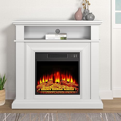 FESTIVITY Mantel independiente de 36 pulgadas con inserto de chimenea eléctrica de 18 pulgadas para sala de estar y dormitorio, efecto realista de