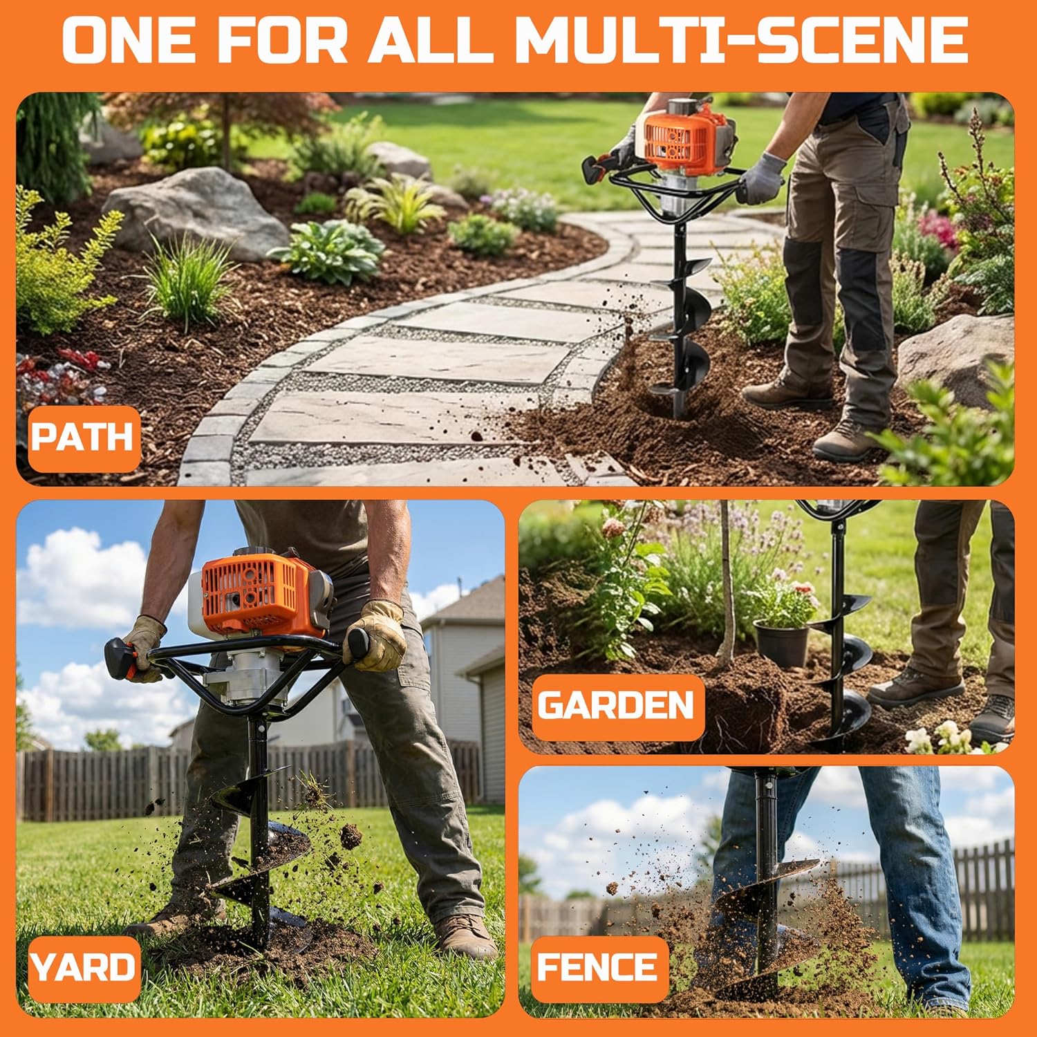 PROYAMA 54cc Post Hole Digger Gas Powered 2 Cycle Earth Auger, 5-Year Warranty Gear Box, 4 Drill Bits 4" 6" 8" 12" + Extension Rod 12" 20"