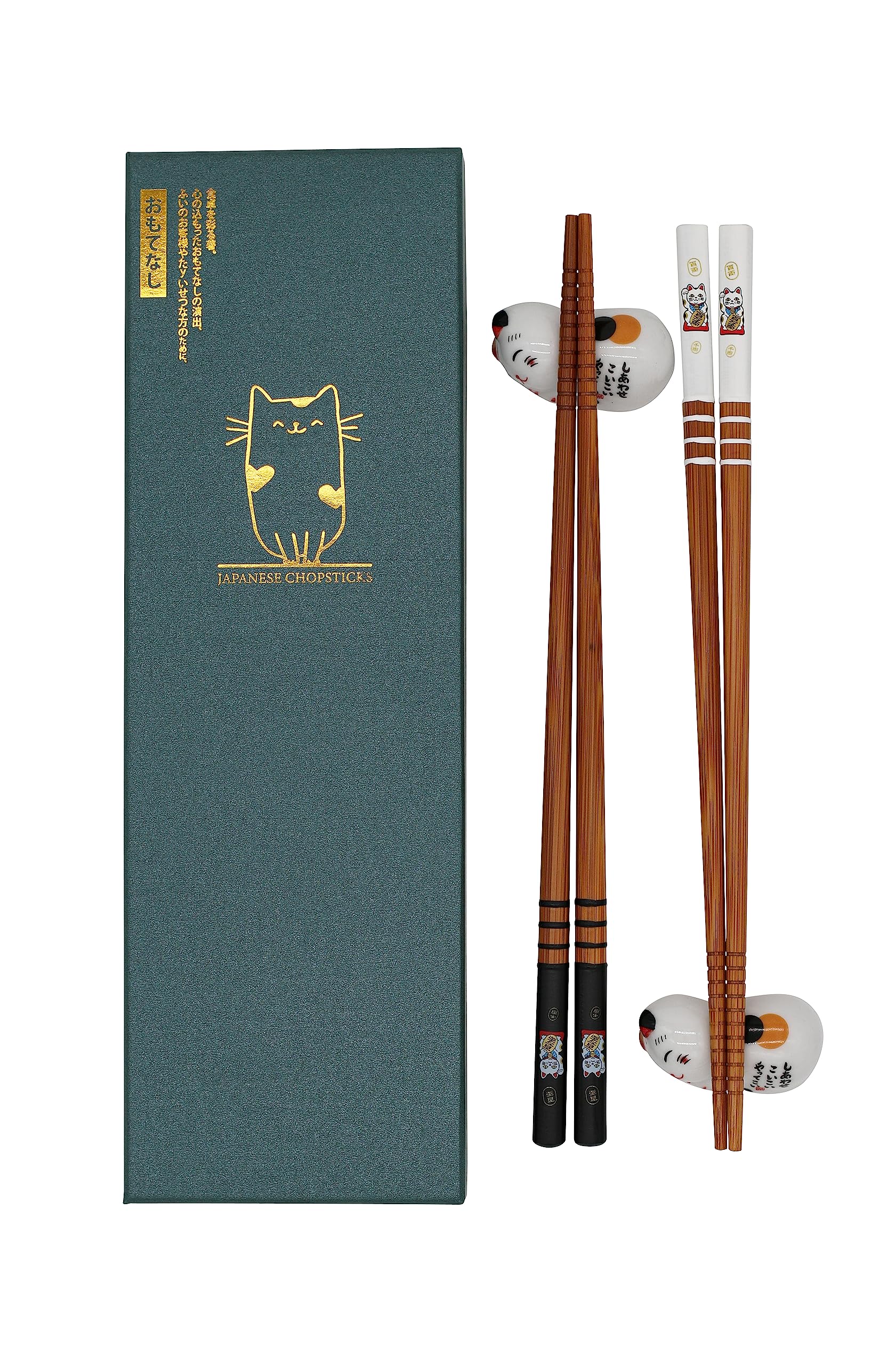 Sushi Essstäbchen Set Katze Kätzchen 2 Paar inklusive Keramik-Unterleger Cat Premium Holz Nachhaltig Chopsticks Japanisch Chinesisch Koreanisch Taiwanesisch