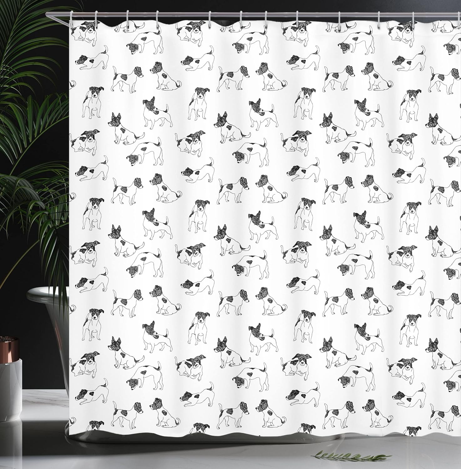 Ambesonne Dog Lover Shower Curtain, Sketch Style Hand Drawn Jack Russell Terrier Doodles in Various Stances Purebred, Cloth Fabric Bathroom Decor Set with Hooks, 69" W x 75" L, Charcoal White