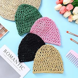 Geyoga 4 Pieces Mesh Crochet Hair Net Rayon Knit Snood Hat Thick Short Women Hairnet Snoods Cover Ornament for Sleeping(Black, Green, Pink, Beige)