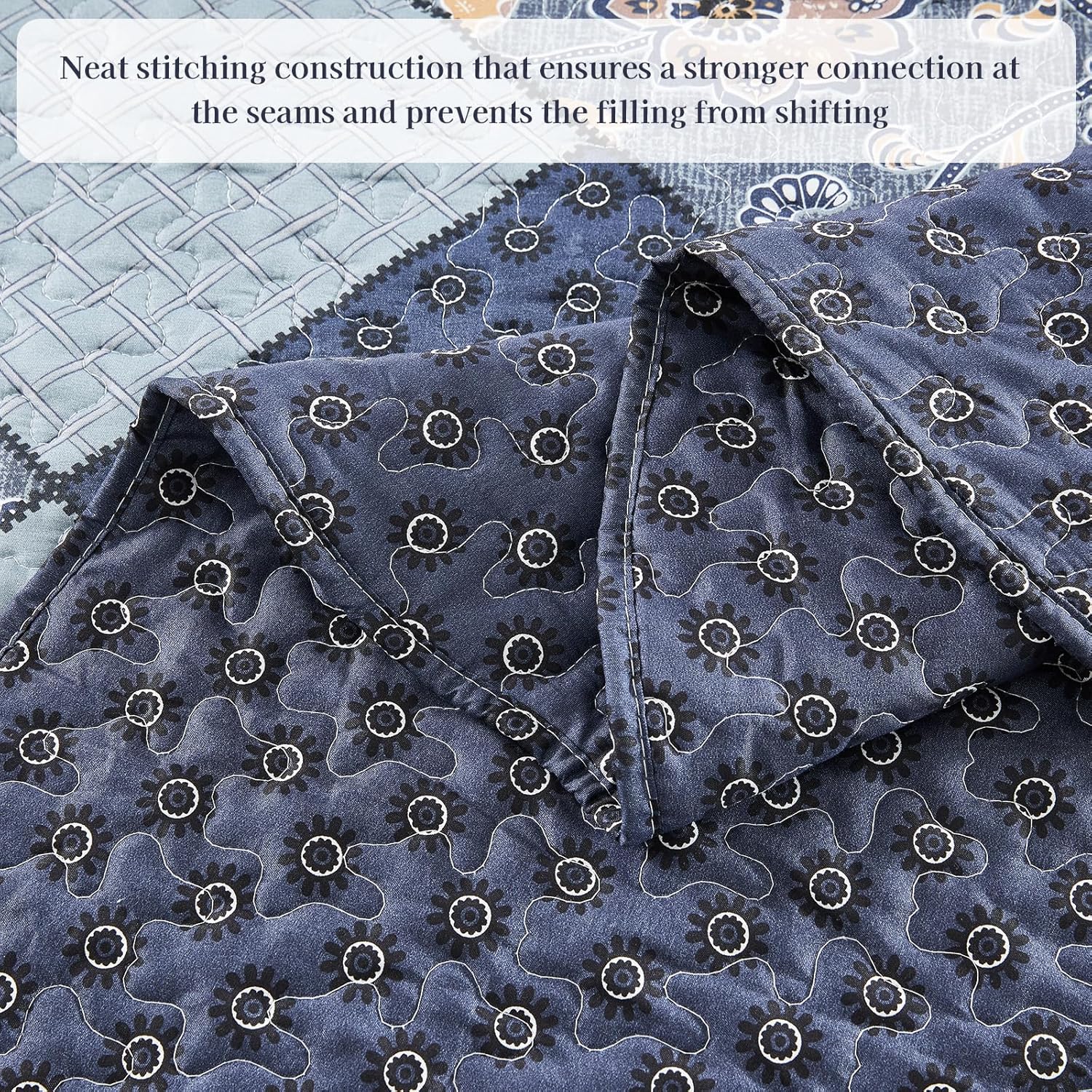 ENJOHOS California King Quilt Sets Oversized 128x120, 3 Pcs Navy Blue Plaid Floral Cal King Bedspread Coverlet Set for All Seasons, Patchwork Reversible Bedding Set
