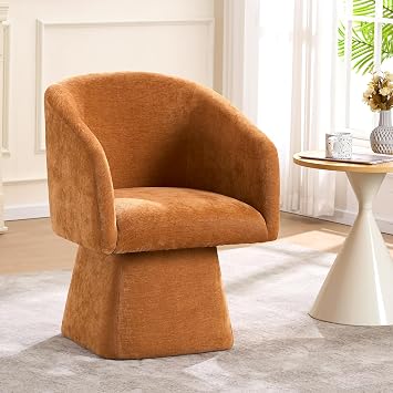 Swivel Modern Accent Chair,Luxury Fabric Upholstered Makeup Chair Comfy Barrel Chair with No Wheels,360Rotating Vanity Armchair for Living Room Bedroom Office Orange