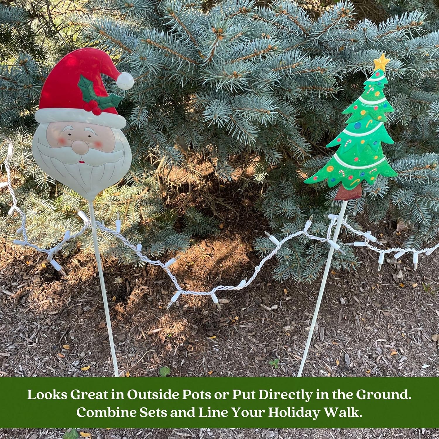 Clovers Garden Metal Christmas Tree and Santa Yard Stakes (Set of 2) and Light Stringers (Set of 2) for Outdoor, Indoor, Lawns, Walkways, Planters or Wall Decor