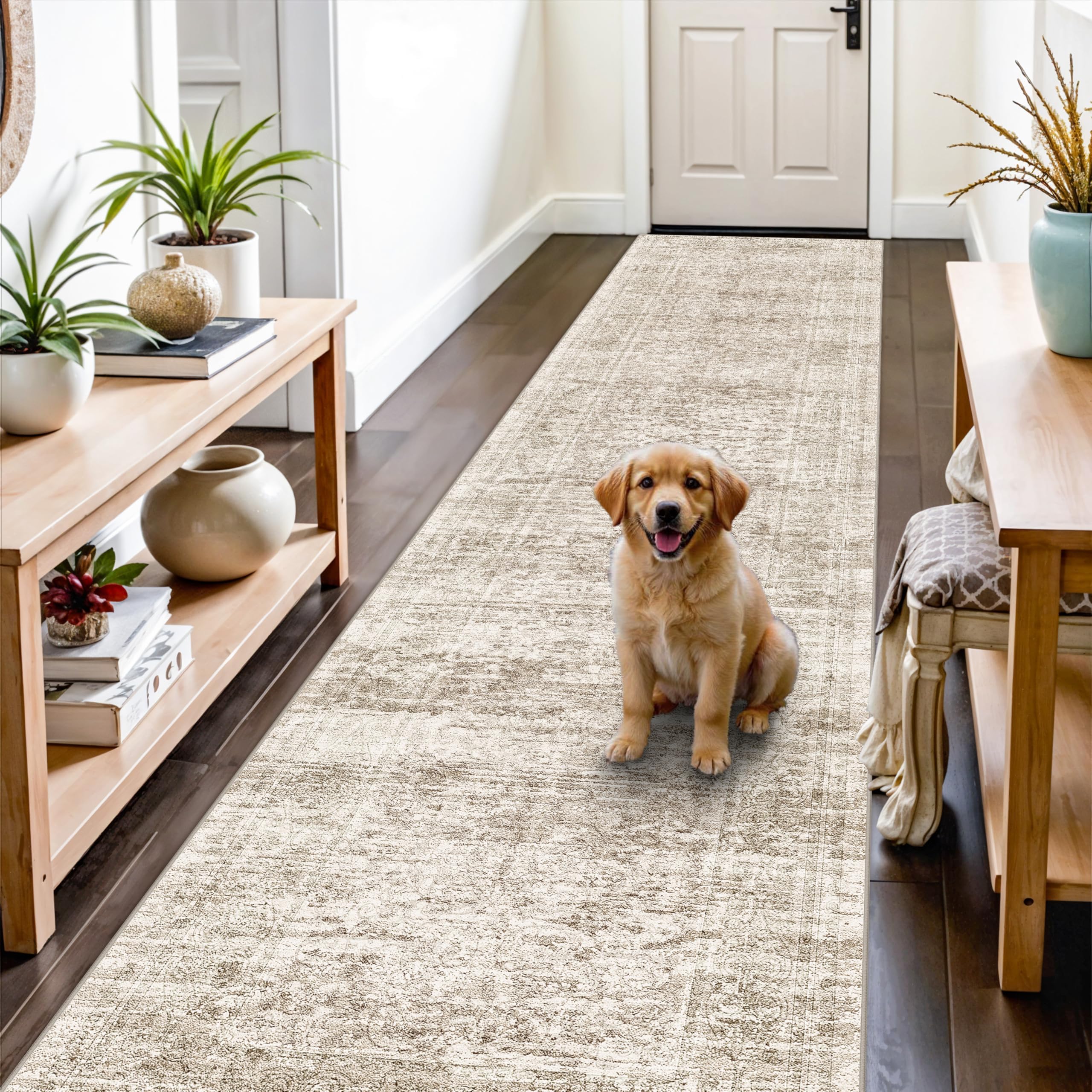 3x12 Washable Runner Rug: 12ft Runners for Hallways Soft Non Slip Kitchen Rugs for Bedroom Bathroom Entryway - Stain Resistant Vintage Distressed Carpet (Beige/Ivory, 3X12)