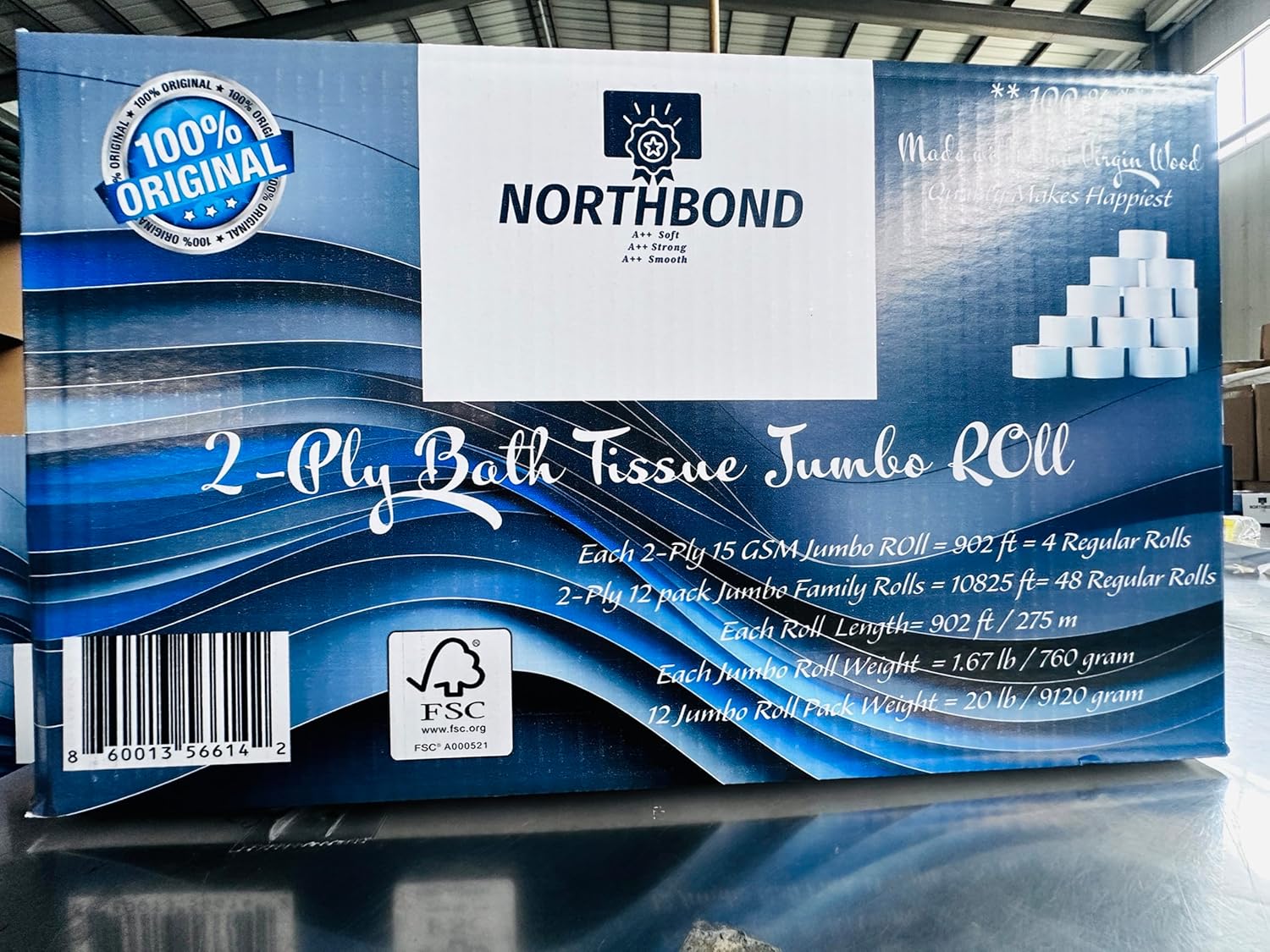 Northbond A++ Premium 2-Ply Jumbo Bath Tissue, Soft, Strong, & Smooth - 12 Commercial Rolls (48 Regular Rolls Equivalent), 902 ft (10825 ft Equivalent), 100% Extra Virgin Wood &Septic Safe