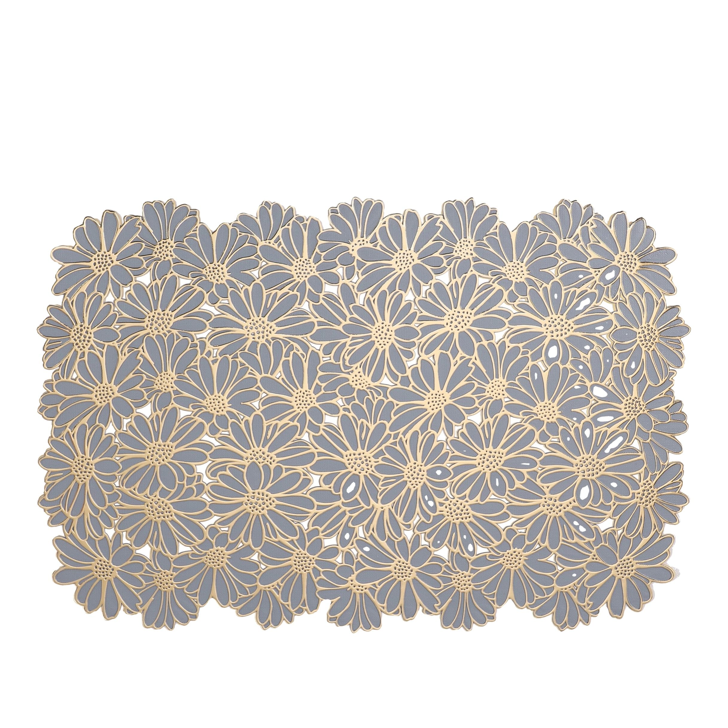 Washable Placemats Gold Flower Place Mat Blue PVC Table Mats Non Slip Heat Resistant Easy to Storage Placemats for Kitchen Garden Farmhouse Picnic Dining Table, Large (Large, 4, count)