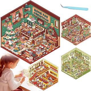 3D Sticker Scene, 4 Sets Christmas 3D House Stickers for Adults Kids, Make Your Own Stickers 3D Miniature Sticker Scene Relief Stress ADHD Autism Sensory Fidget Toys Pass The Time