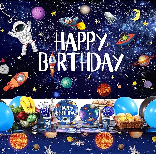 Miniatura 7 de 150 piezas de suministros para fiestas espaciales, decoraciones de fiesta de cumpleaños de galaxia, sistema solar, planeta, feliz cumpleaños, telón