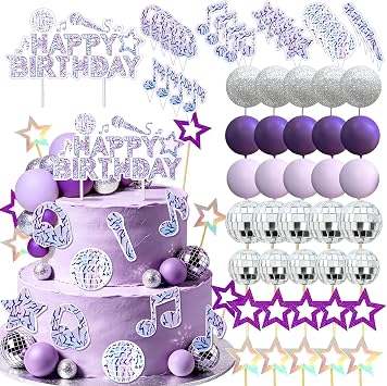 Purple Disco Ball Cake Topper Singer Stars Birthday Cake Decorations