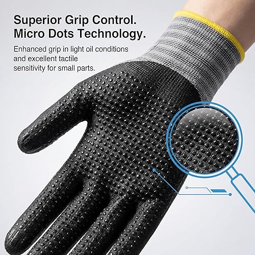 Miniatura 2 de KAYGO MicroFoam - Guantes de trabajo con revestimiento de nitrilo, 12 pares KG19N de nailon de punto sin costuras, micropuntos para un mejor agarre
