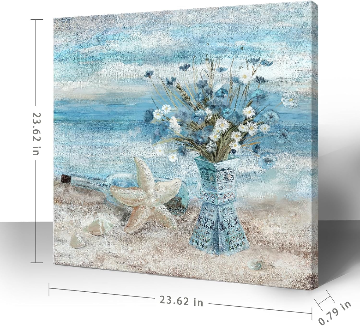 Beach Wall Art for Living Room Blue Ocean Theme Canvas Print Modern Abstract Coastal Picture Seascape Painting Daisy Flower in Indian Vase Framed Artwork for Seaside Bedroom Bathroom Office 24x24inch
