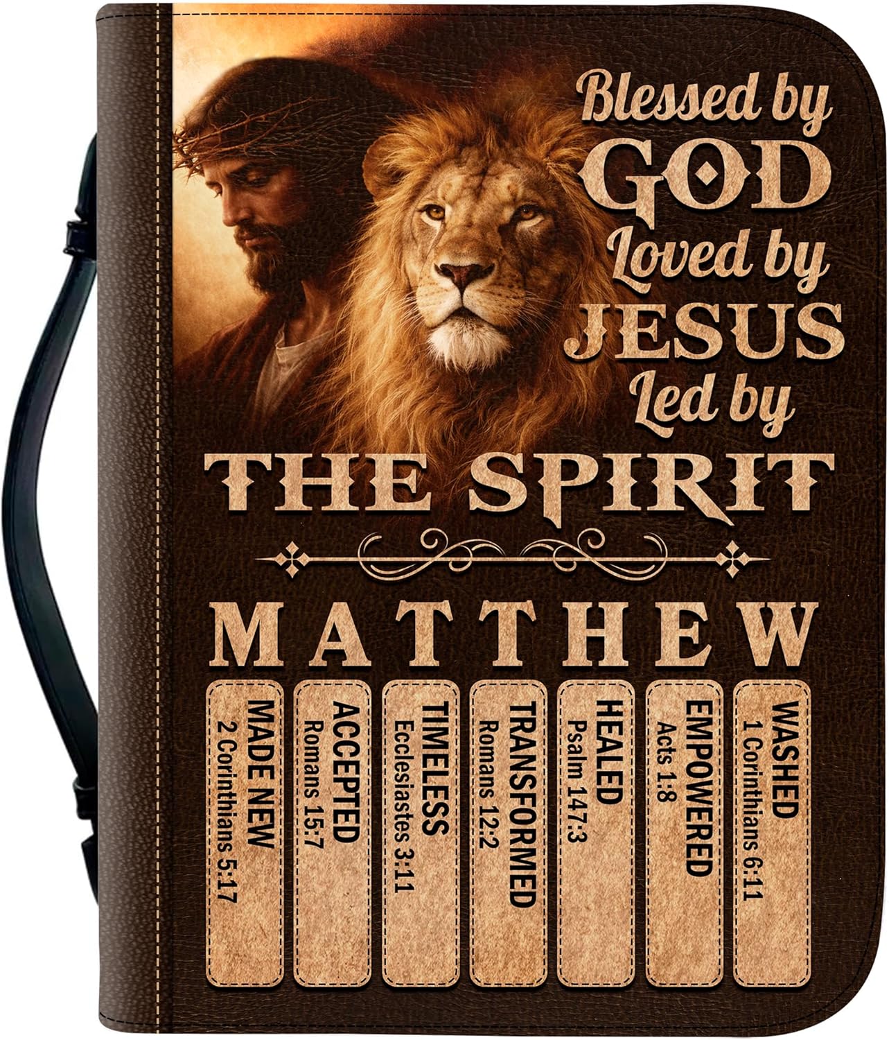 Personalized Man of God Bible Cover — Lion Warrior with zipper and handle