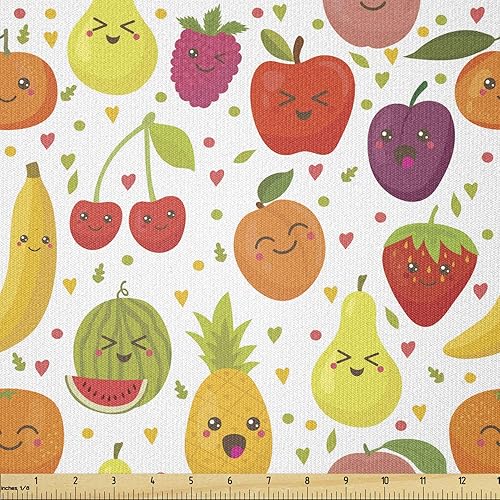 Ambesonne Fruits Fabric by The Yard, Smiling Banana Funny Mulberry Happy Apricot Peach Hearts Lemons Theme, Stretch Knit Fabric for Clothing Sewing