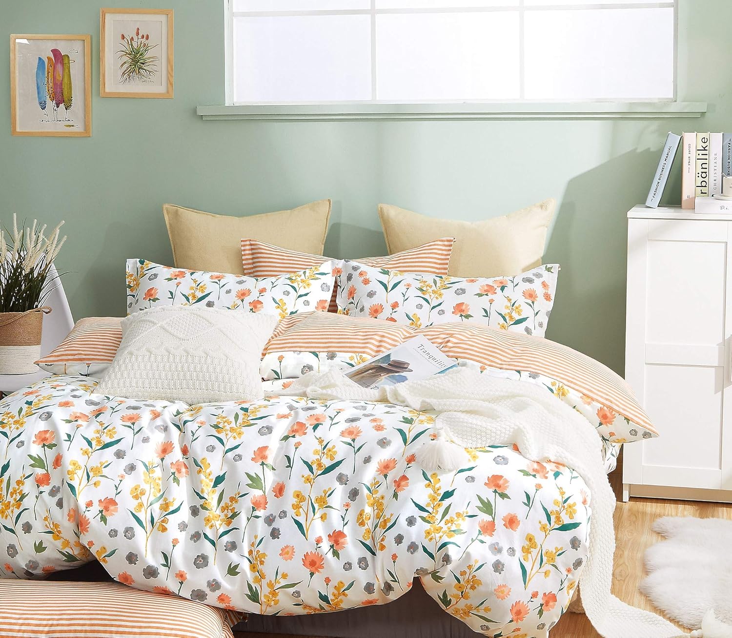 Estella Orange Flroal 100% Cotton Reversible Comforter Set Twin/Twin XL