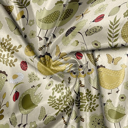 Miniatura 4 de Ambesonne Spring Fabric by The Yard, Chicken Ladybug and Bees Ornamental Nature Composition on Polka Dotted Backdrop, Decorative Satin Fabric for