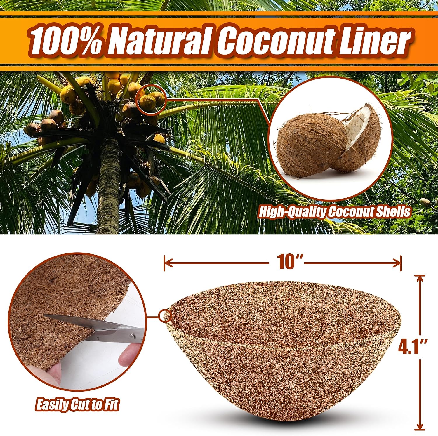Sinimaka Coco Liners for Planters 10 Inch, 6 Pack Round Hanging Basket Liners, Coconut Fiber Liners for Planters Flowers Garden image 2