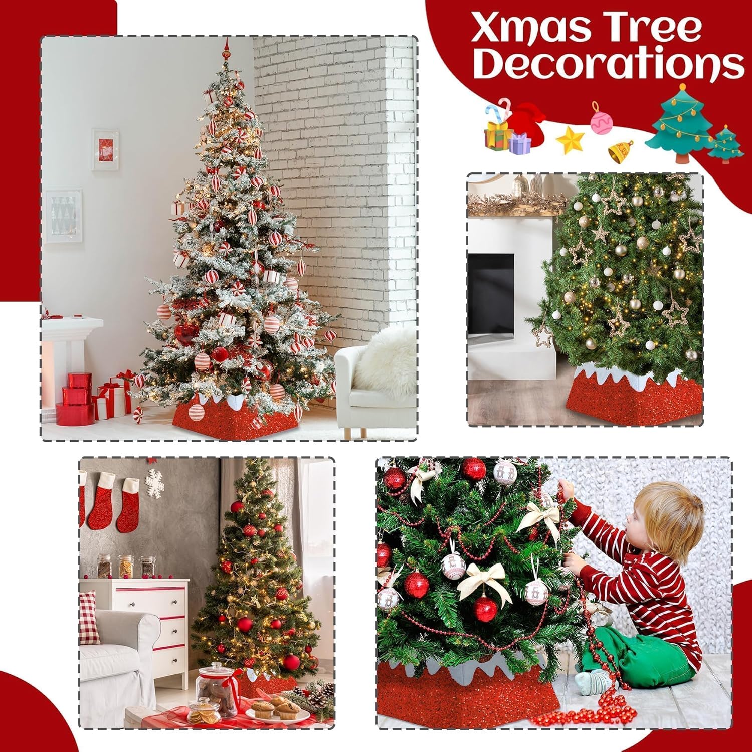 Christmas Tree Collar 24 inch Sequin Tree Skirt, Xmas Tree Square Stand Base Cover for Christmas Artificial Tree Holiday Home Decor, Snow Mountain, Red